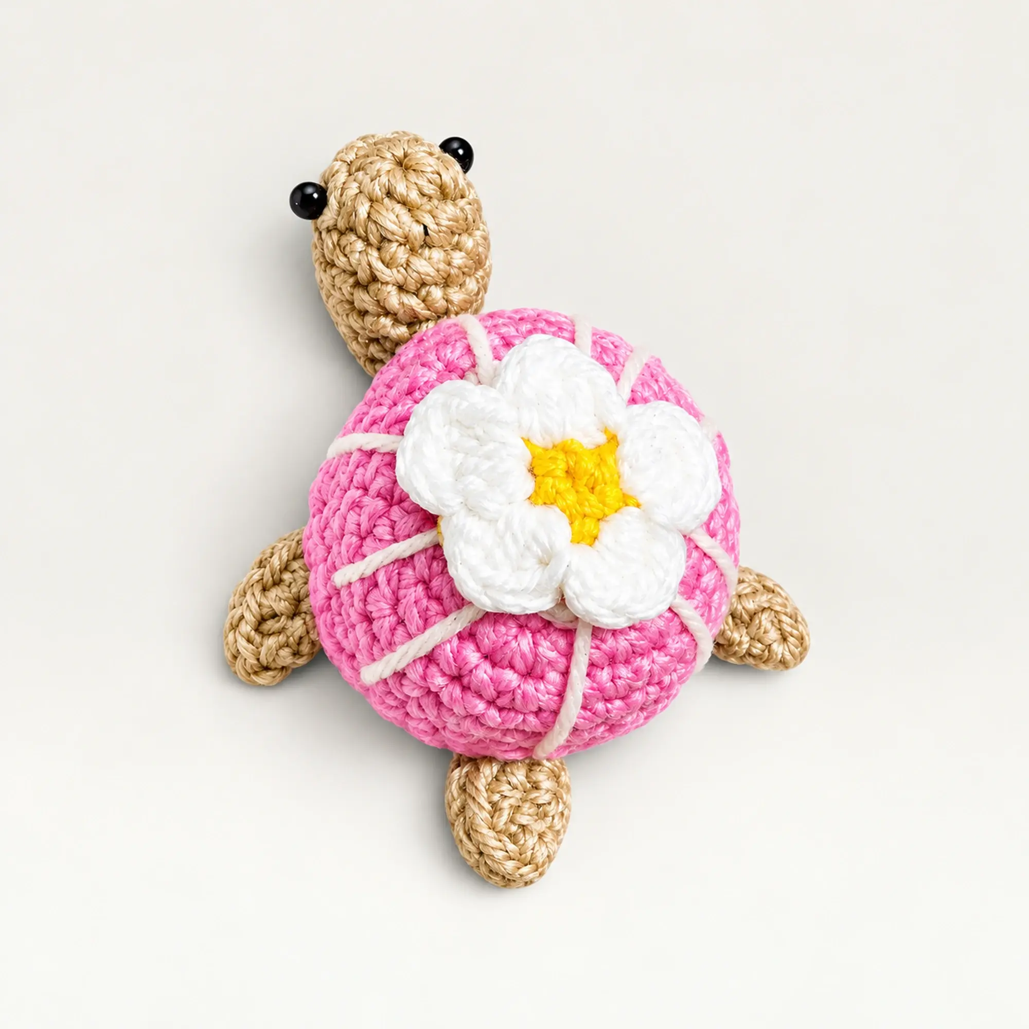 Handmade Crochet Pink Turtle Keychain with White Flower