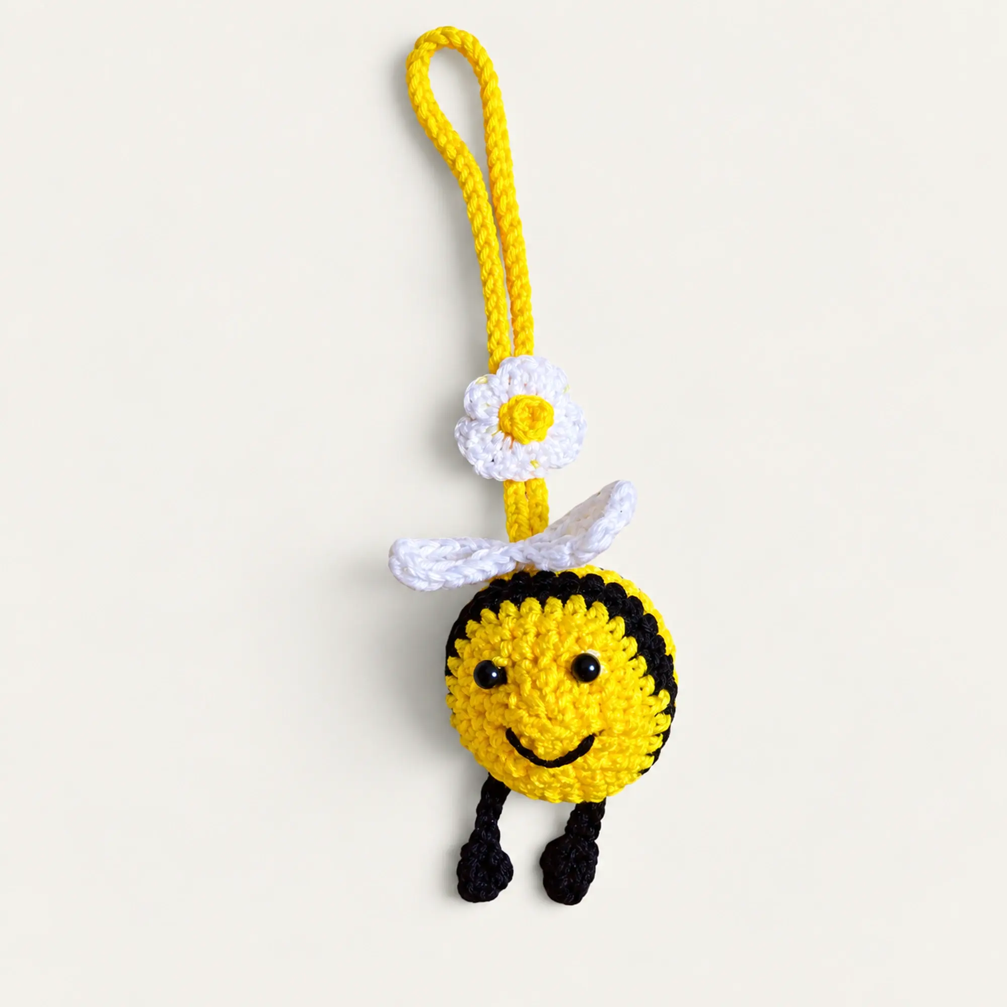 Handmade Crochet Small Bee Keychain Holding a Flower
