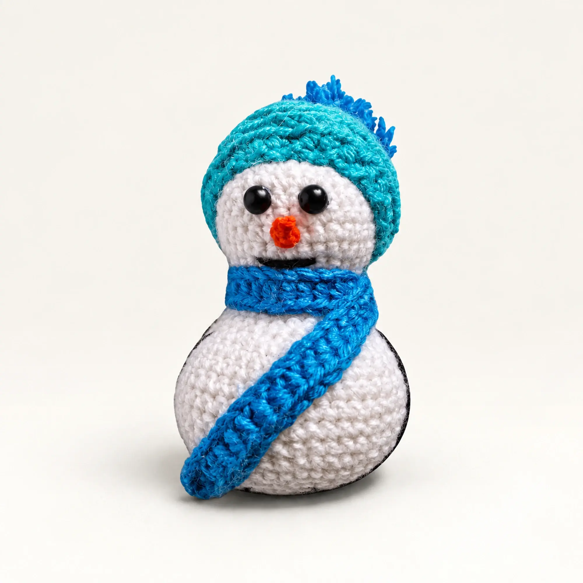 Handmade Crochet Mini Snowman Doll with Blue Winter Scarf