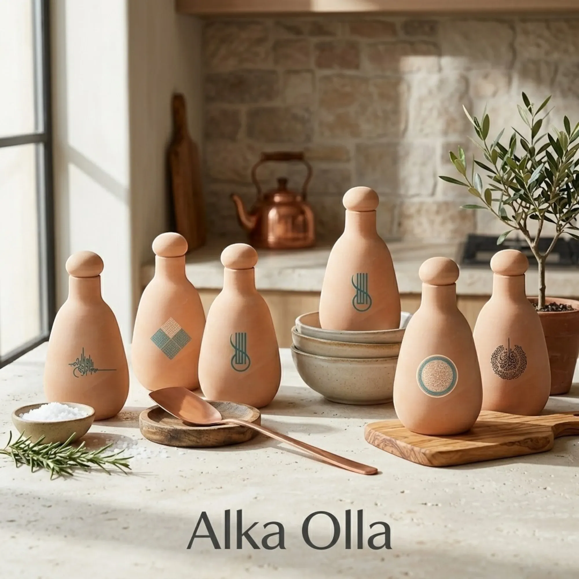 Alkaline Blue Calligraphy Olla Clay Bottle Handmade 800ml