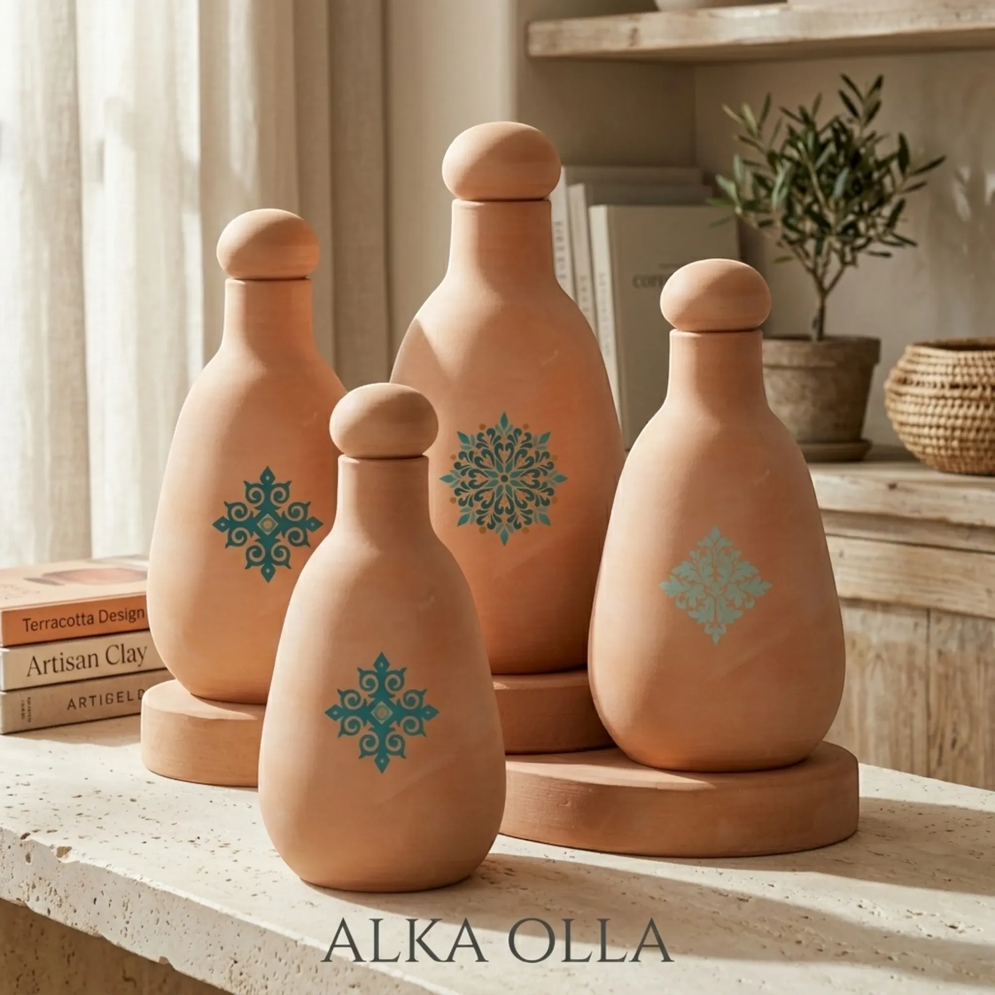 Alkaline Blue Pattern Olla Clay Bottle Handmade 800ml