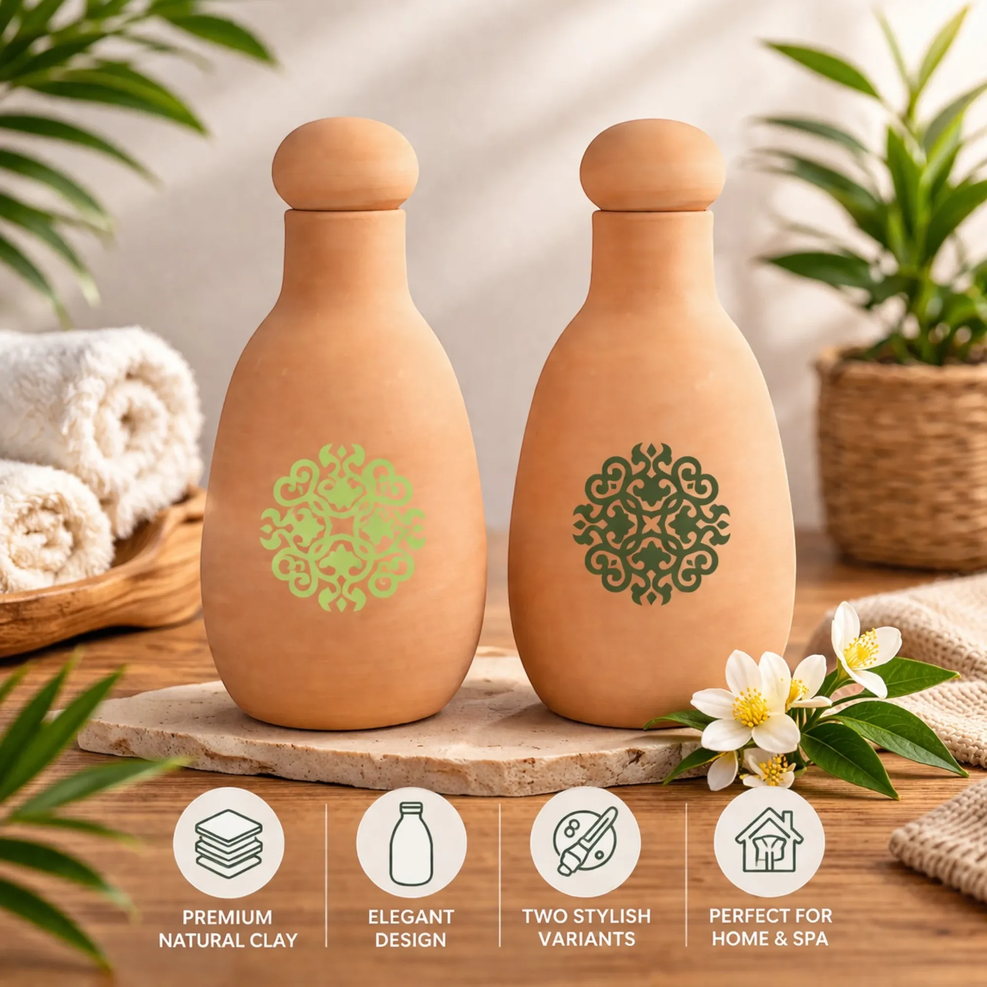 Alkaline Green Olla Clay Bottle Handmade 800ml (Calligraphy or Pattern)
