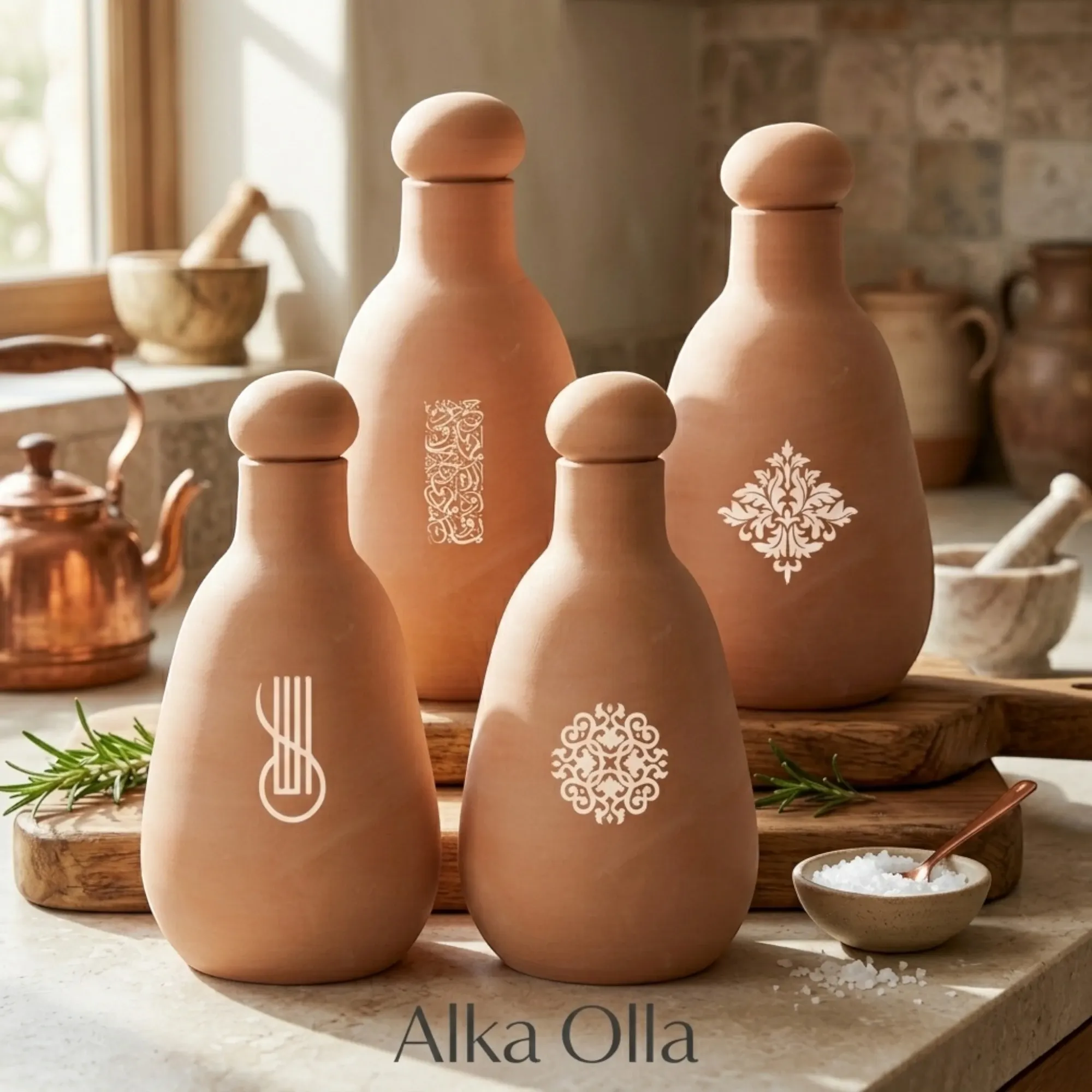 Alkaline White Olla Clay Bottle Handmade 800ml (Calligraphy or Pattern)