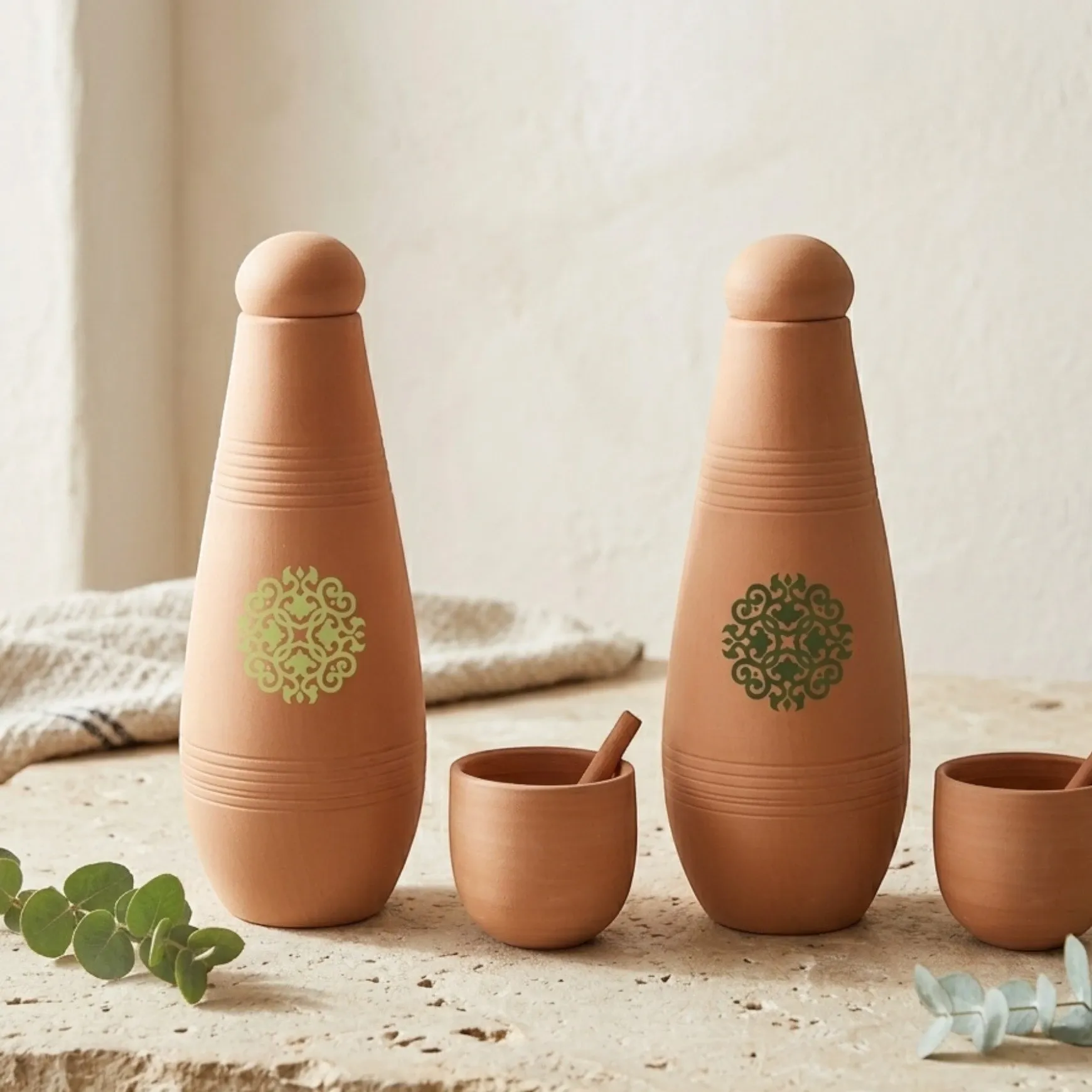 Alkaline Green Terra Clay Bottle Set Handmade 950ml (Calligraphy or Pattern)