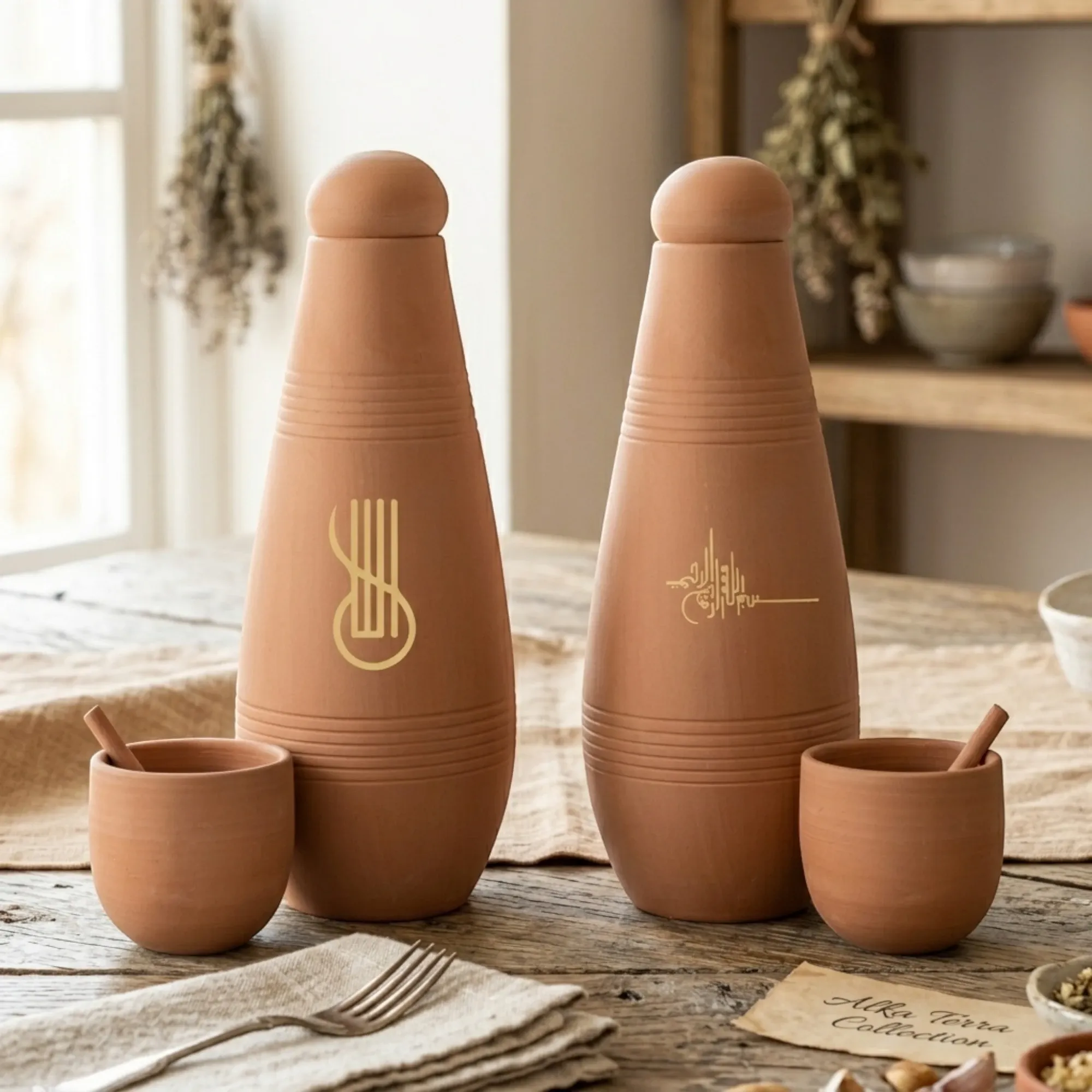 Alkaline Yellow Terra Clay Bottle Set Handmade 950ml (Calligraphy or Pattern)