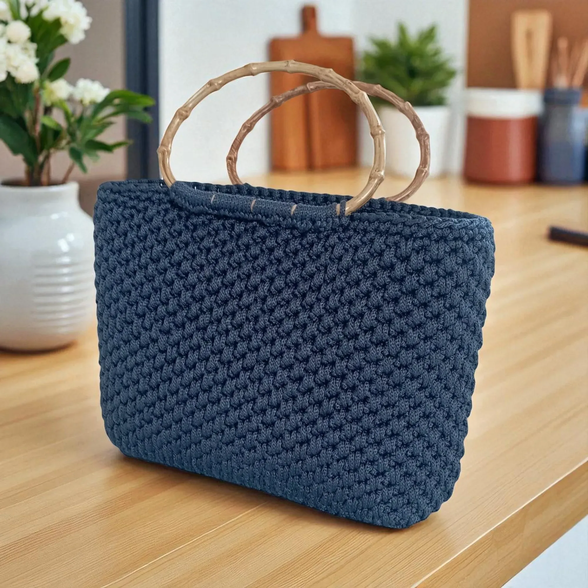 Large Navy Crochet Basket Bag with Bone Handle - Turkish Yarn
