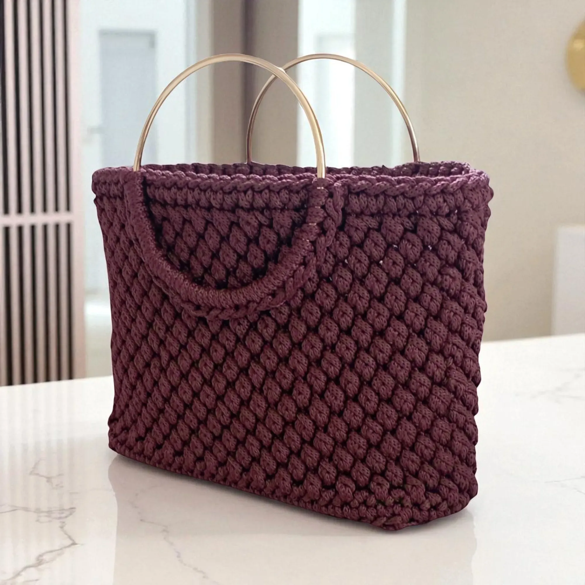 Medium Crochet Basket Bag with Metal Handle - Custom Color