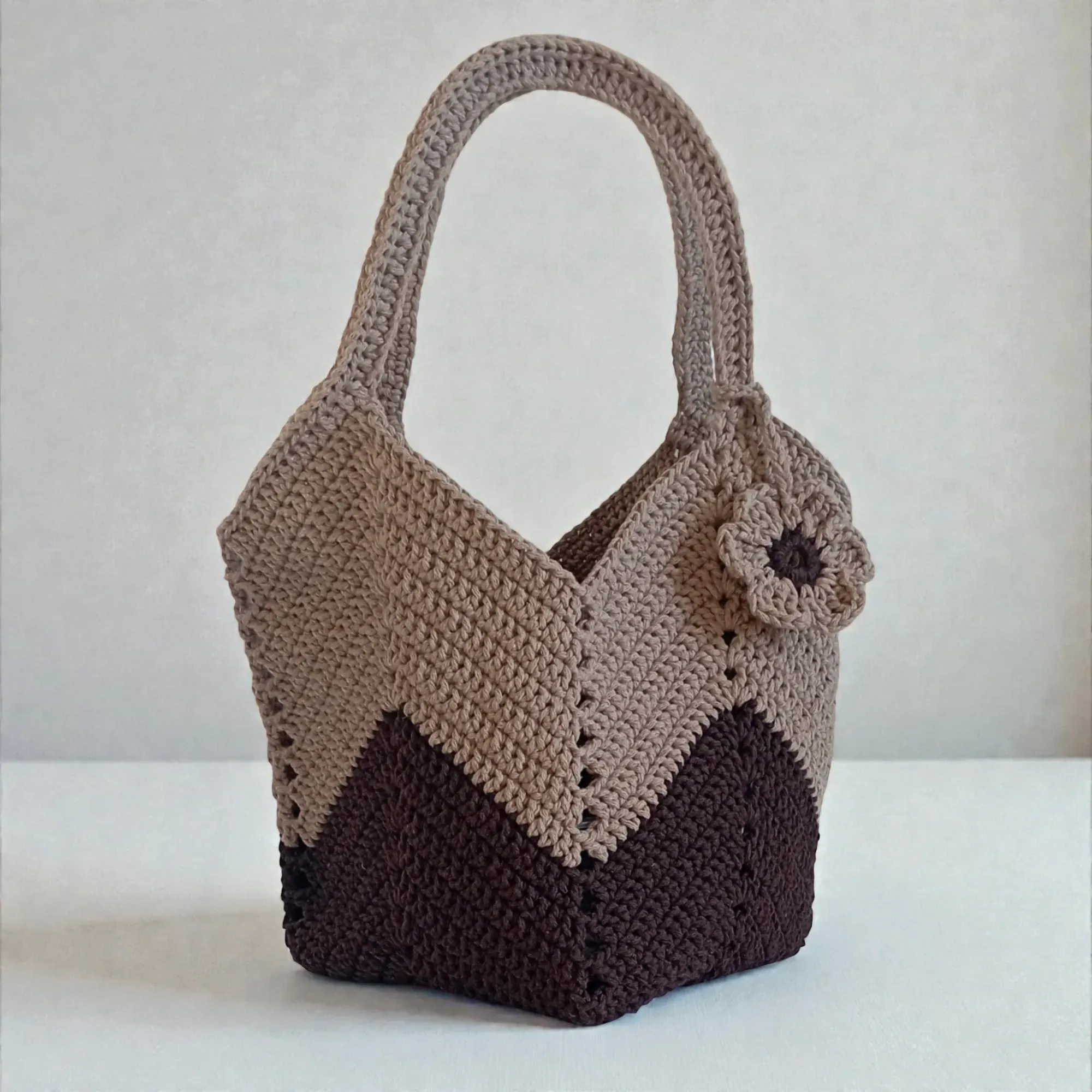 Large Beige & Brown Crochet Basket Bag with Decorative Flower