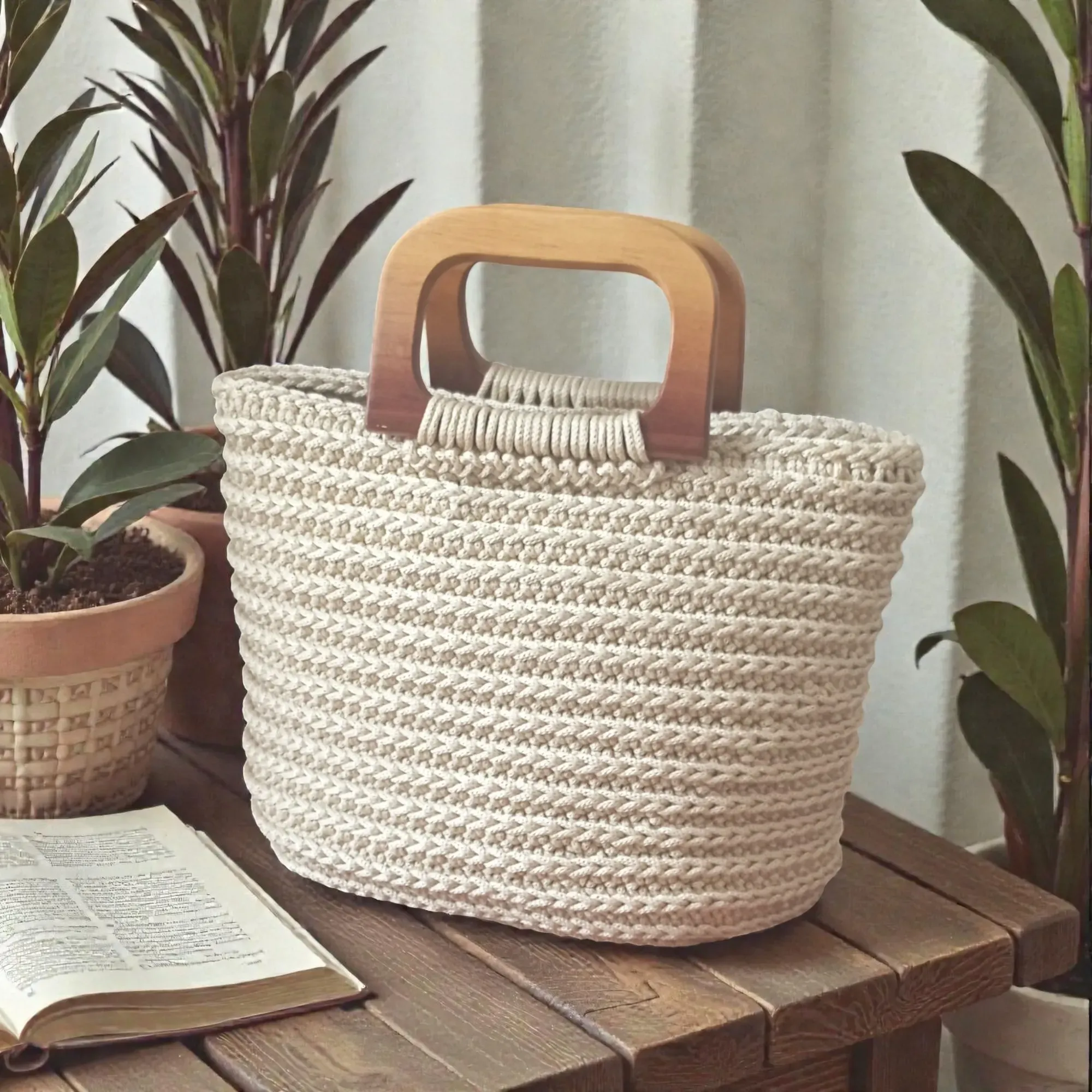 Off-White Crochet Bag with Wooden Handle & Zipper - 24x18 cm