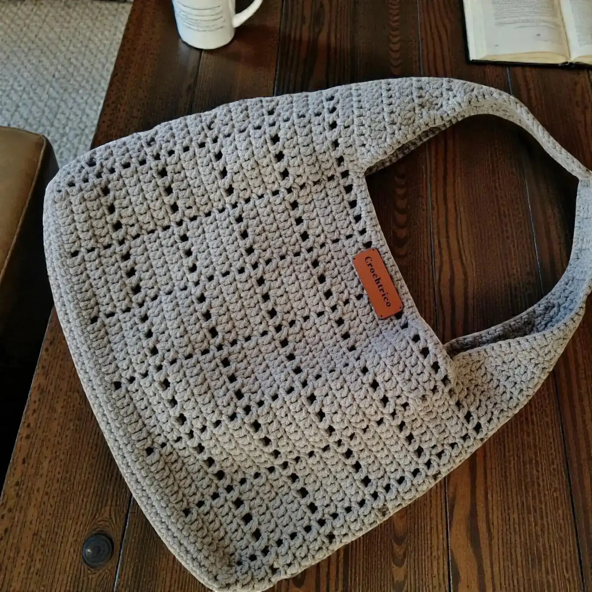 Grey Crochet Bag with Inner Lining & Magnetic Lock - 23x32 cm