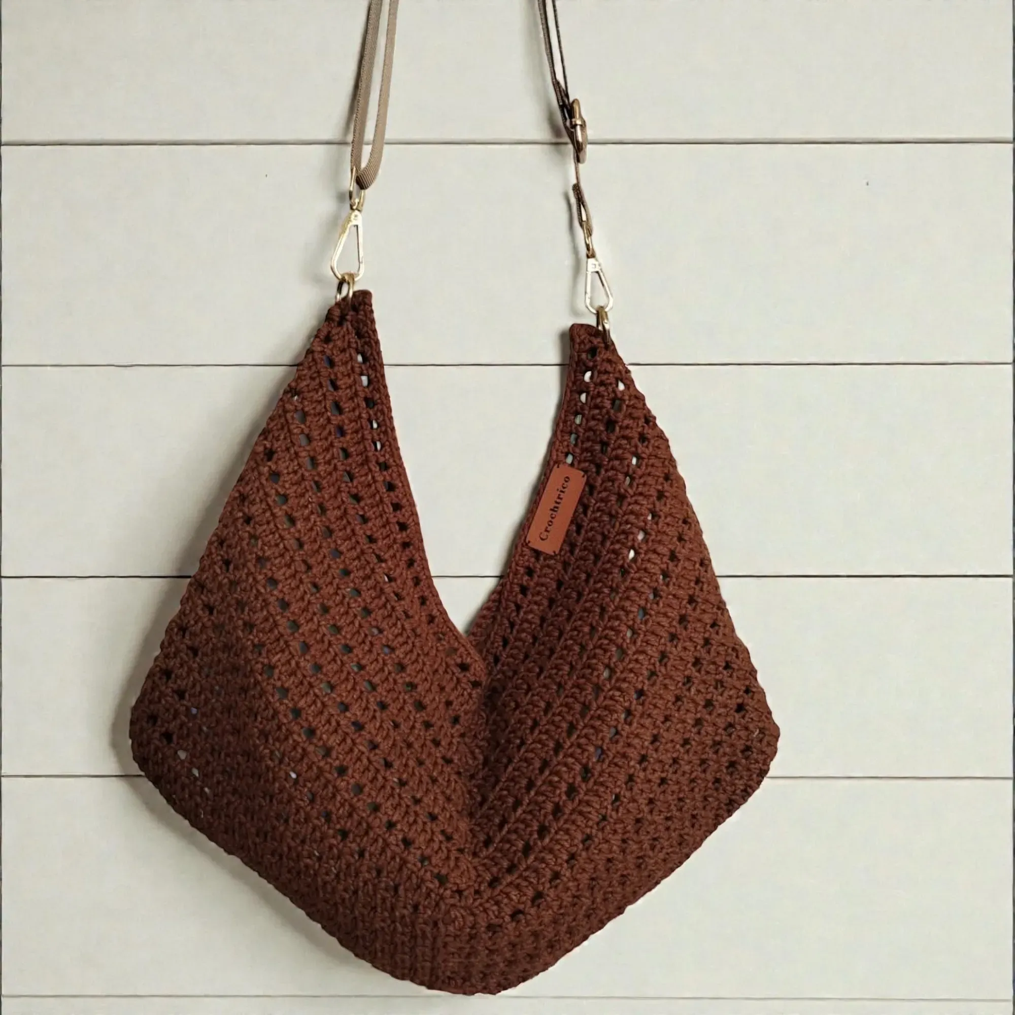 Wide Brown Crochet Bag with Inner Lining & Zipper - 55% Cotton