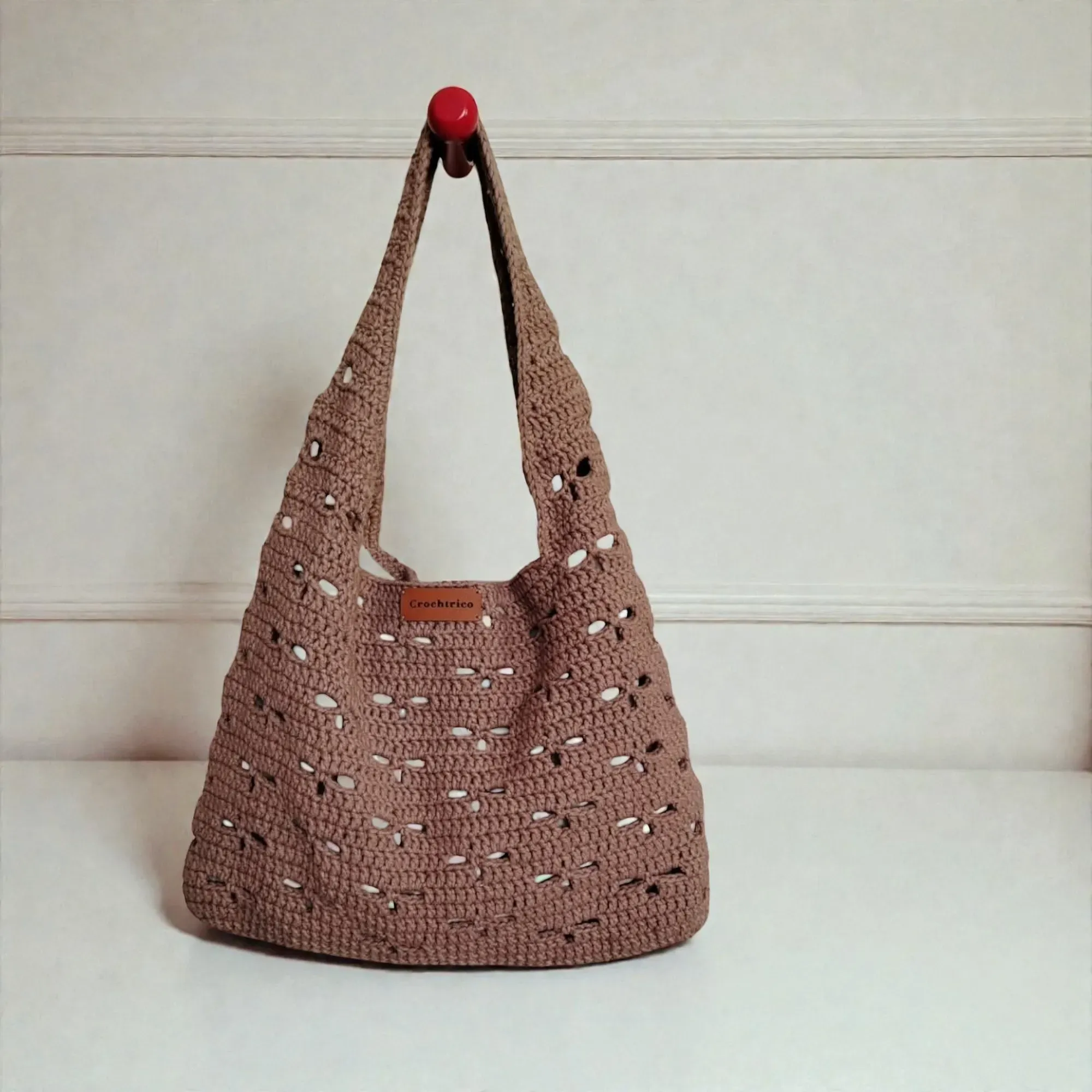 Light Brown Crochet Bag with Lining & Magnetic Lock - 27x35 cm