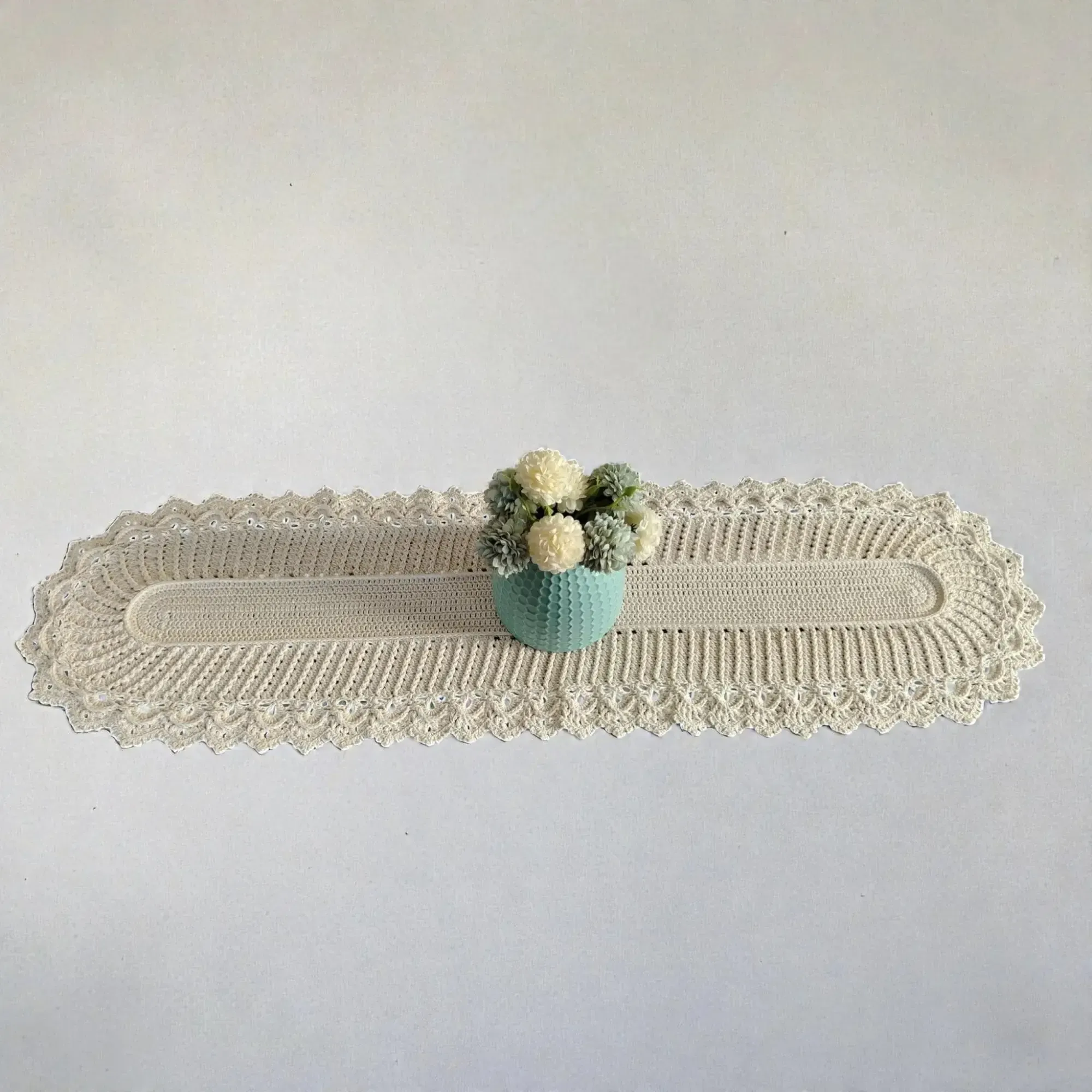 Handmade Crochet Oval Table Runner - 100% Cotton 95x27 cm