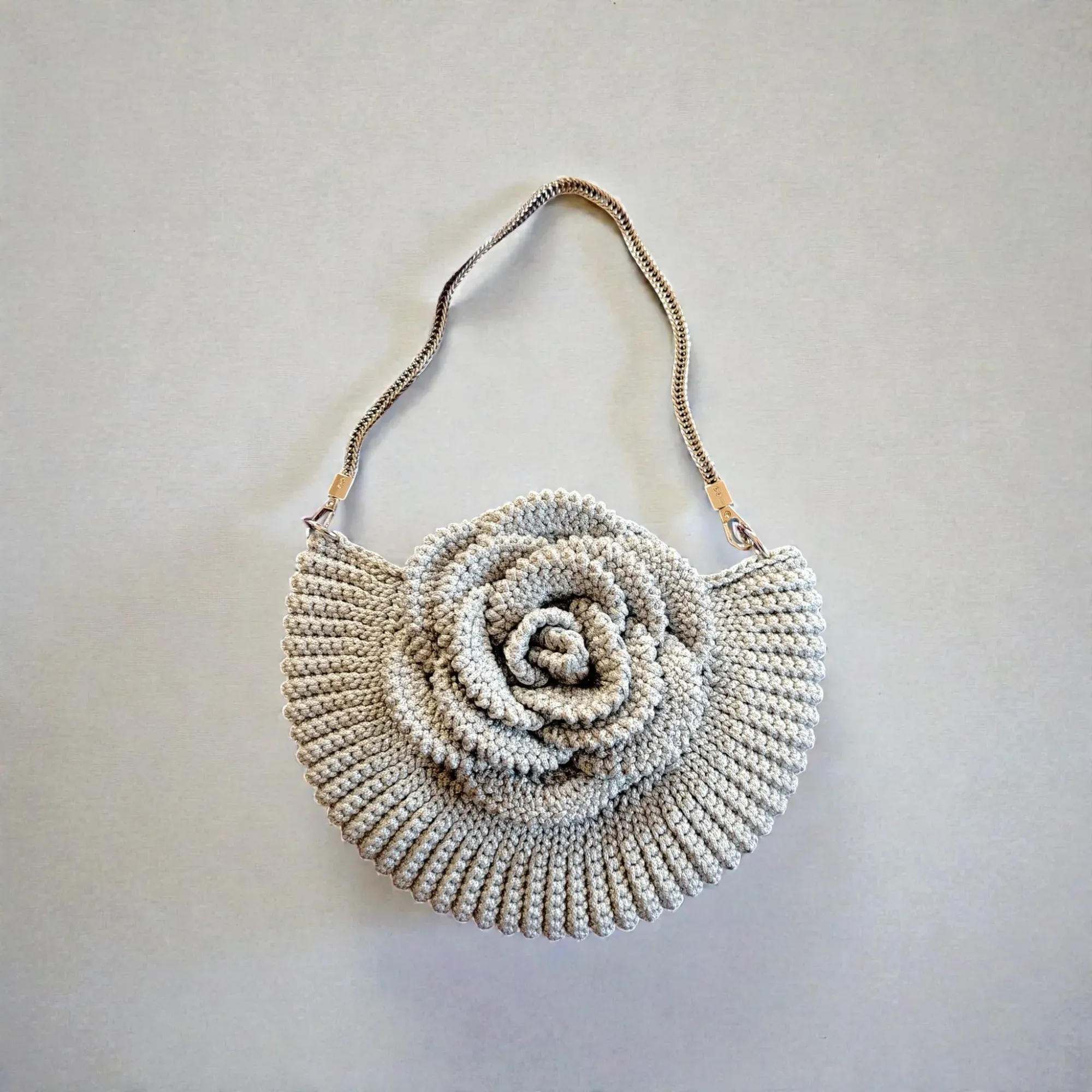 Silver Metallic Crochet Evening Bag with Chain Strap - 24 cm Diameter
