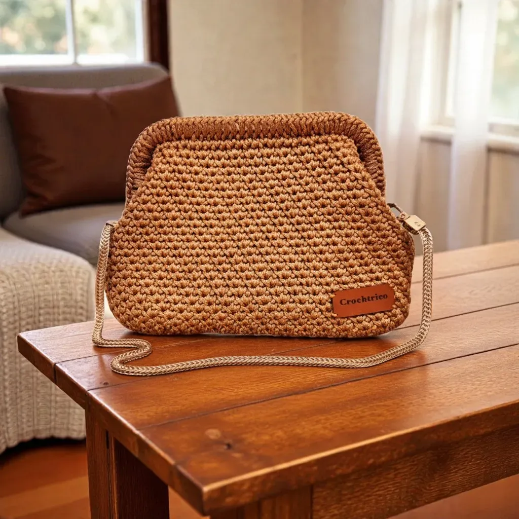 Gold Crochet Evening Bag with Metal Frame & Chain - 26x16x8 cm
