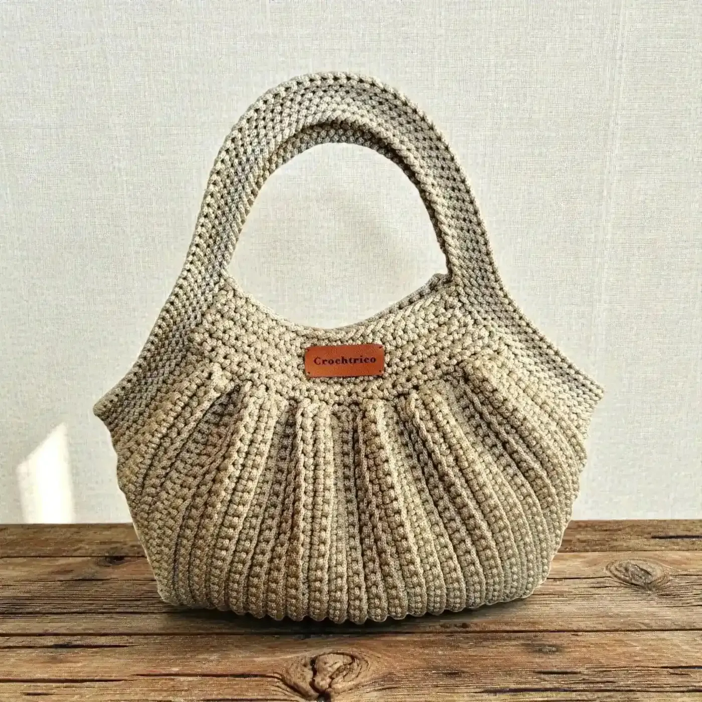 Beige Handmade Crochet Tote Bag - Premium Turkish Yarn 34x21 cm