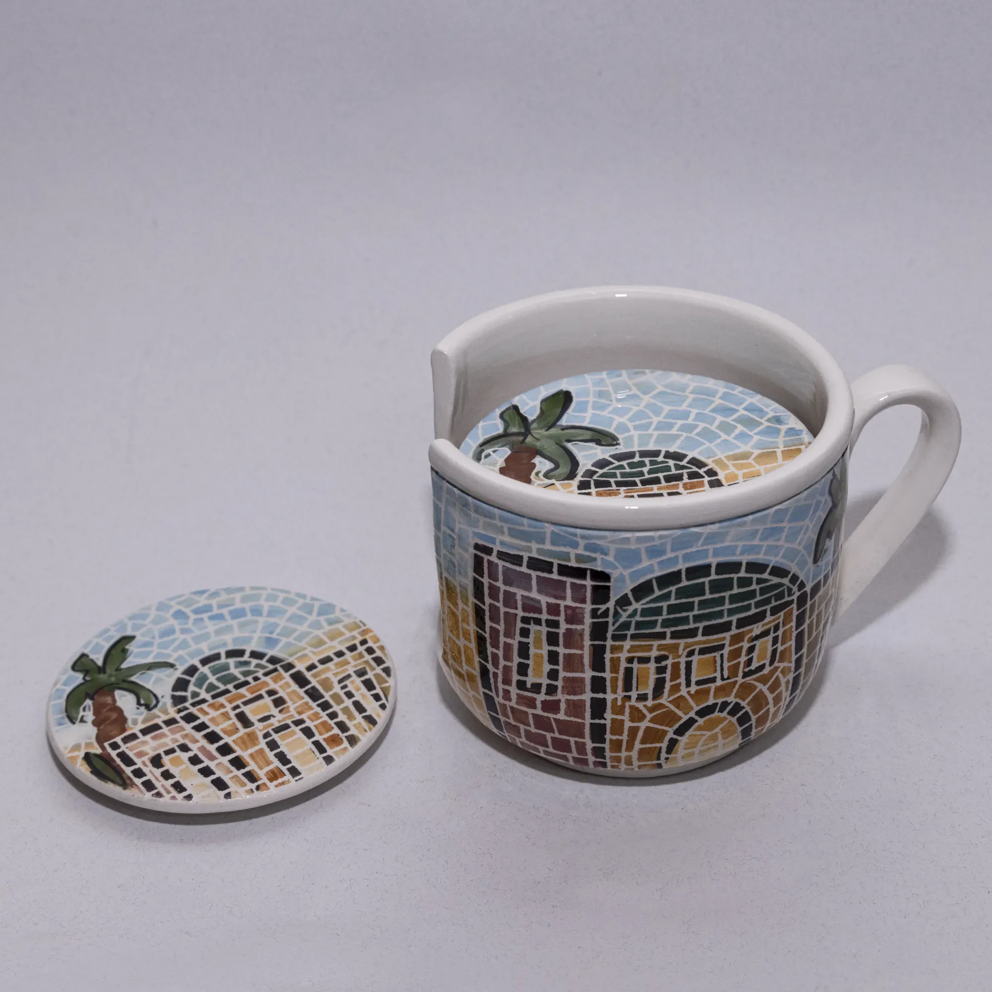 Handmade Ceramic Coaster Set with Holder – 5 Pieces – Mosaic Art