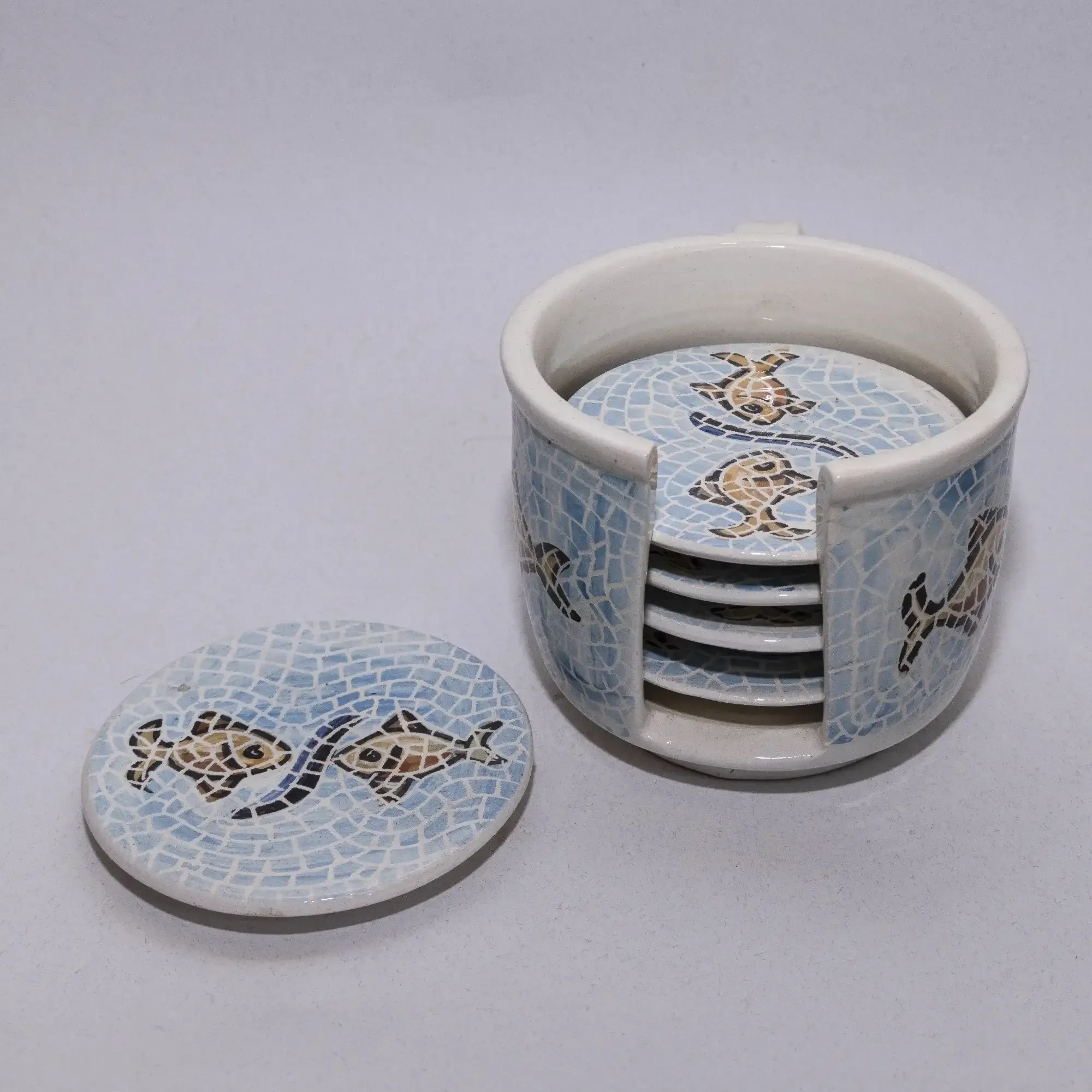 Handmade Ceramic Cup Coaster Set with Holder – Mosaic Art Design