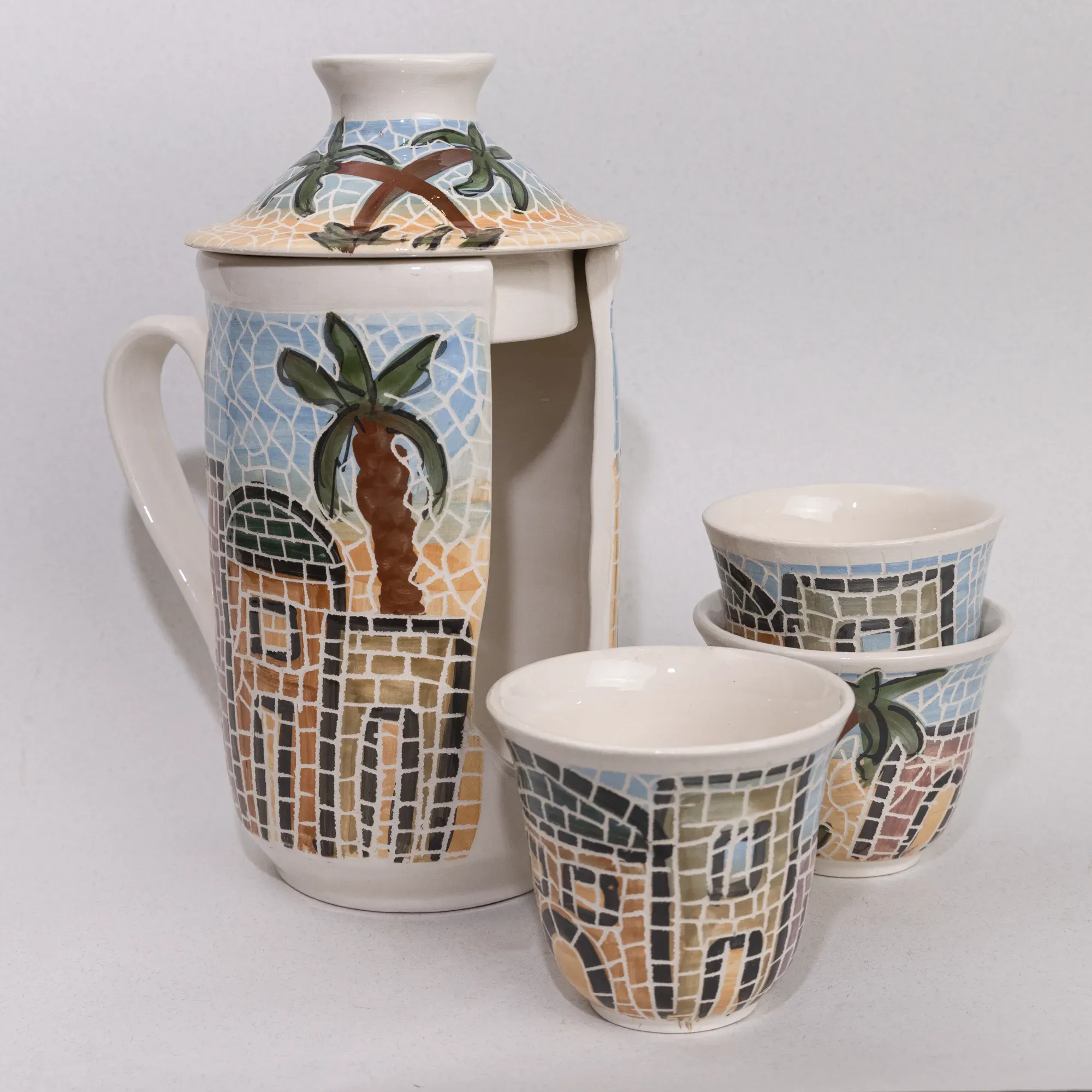 Handmade Plain Ceramic Coffee Cup Set with Holder & Lid Design