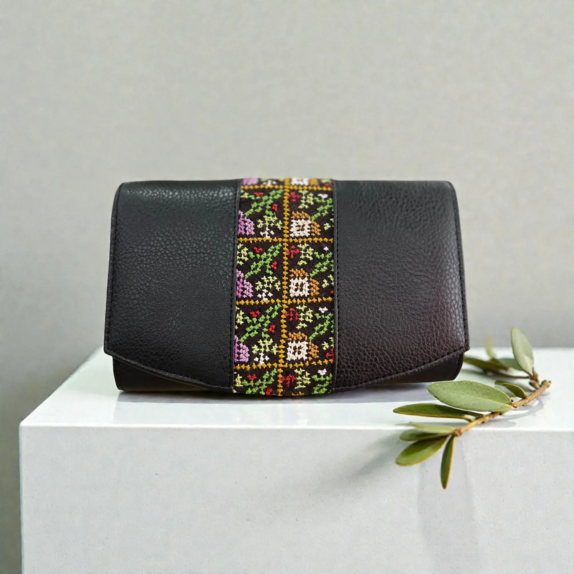 Handmade Embroidered Black Leather Clutch Crossbody Bag