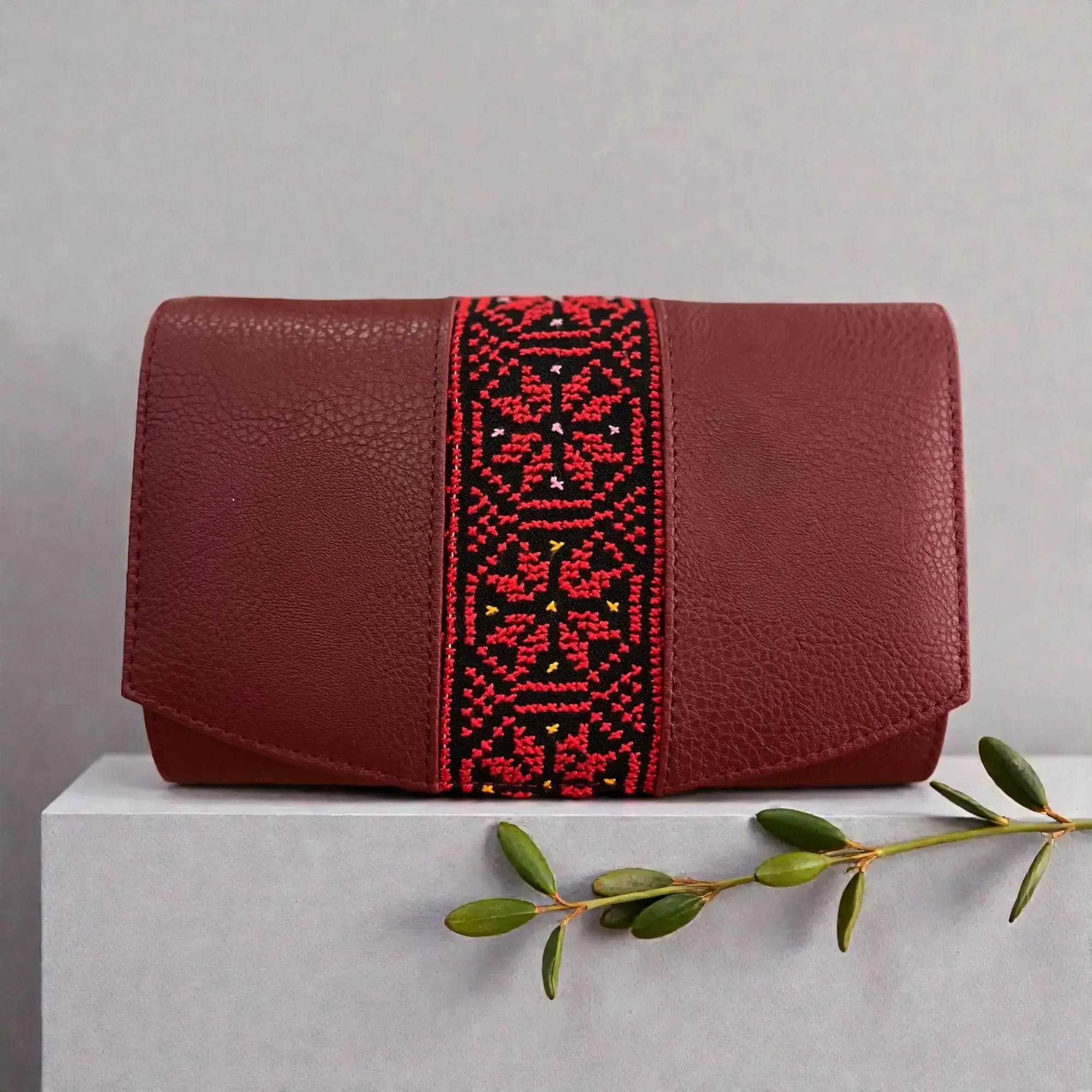 Handmade Embroidered Red Leather Clutch Crossbody Bag