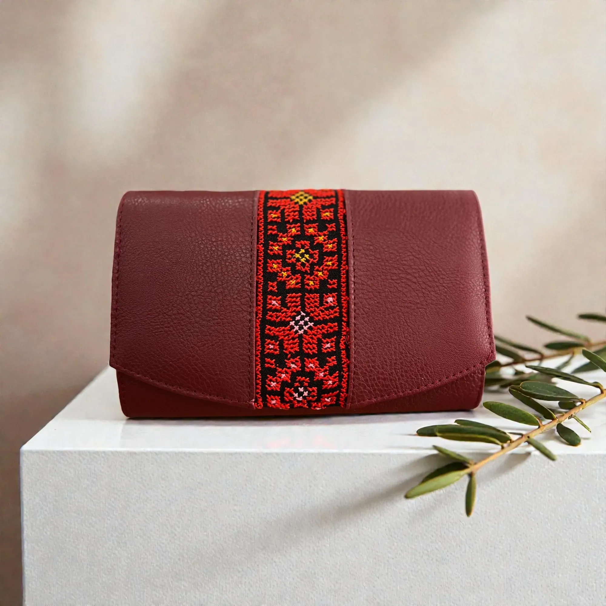 Handmade Embroidered Red Leather Clutch Crossbody Bag