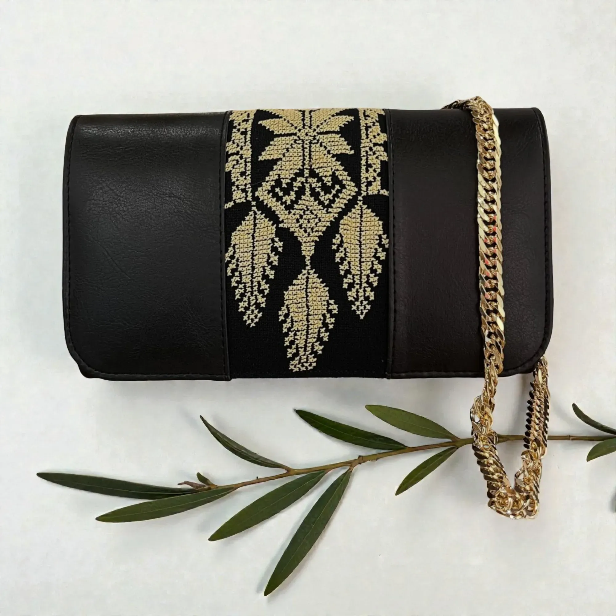 Handmade Embroidered Black Leather Clutch Crossbody Bag