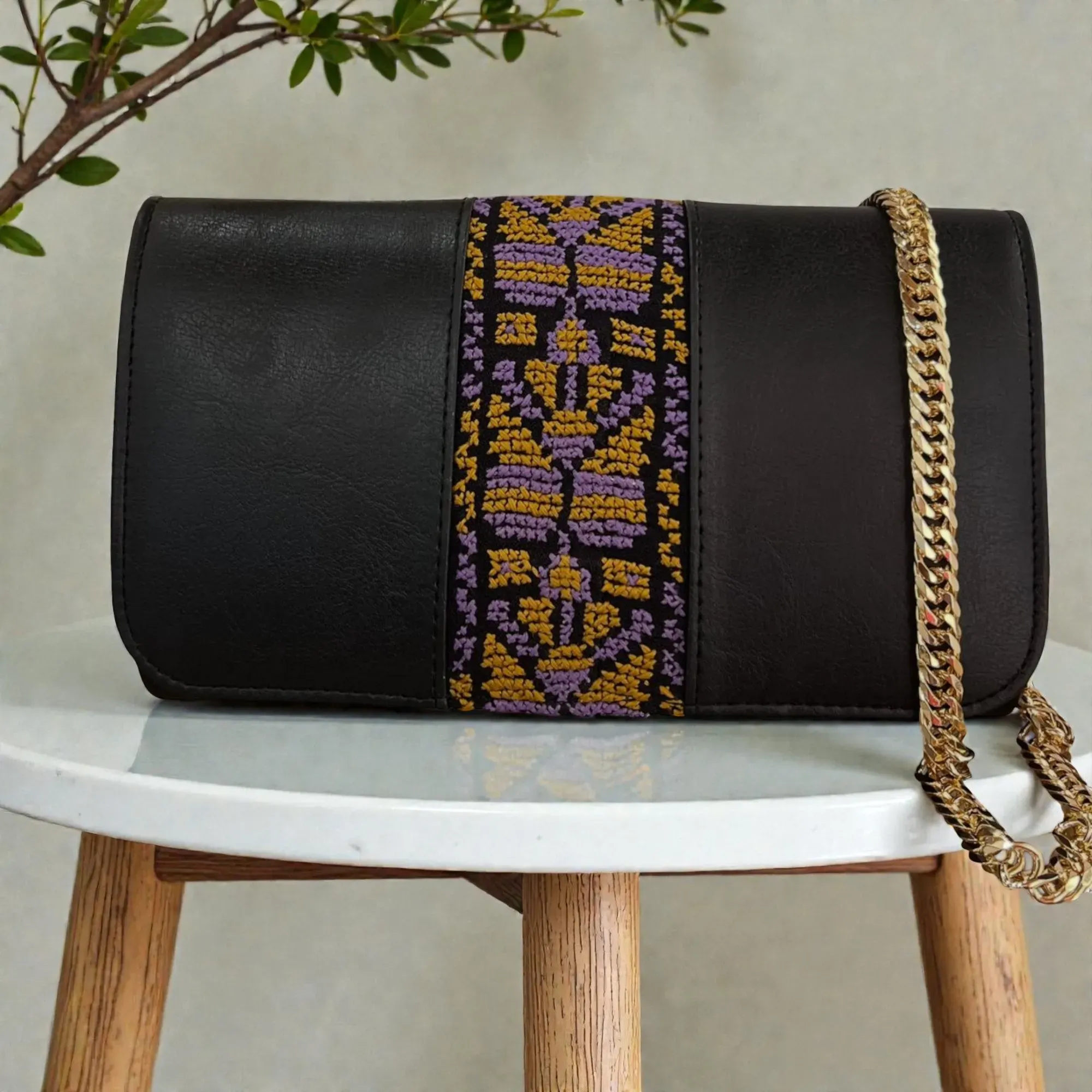 Handmade Embroidered Black Leather Clutch Crossbody Bag, 20×13 cm