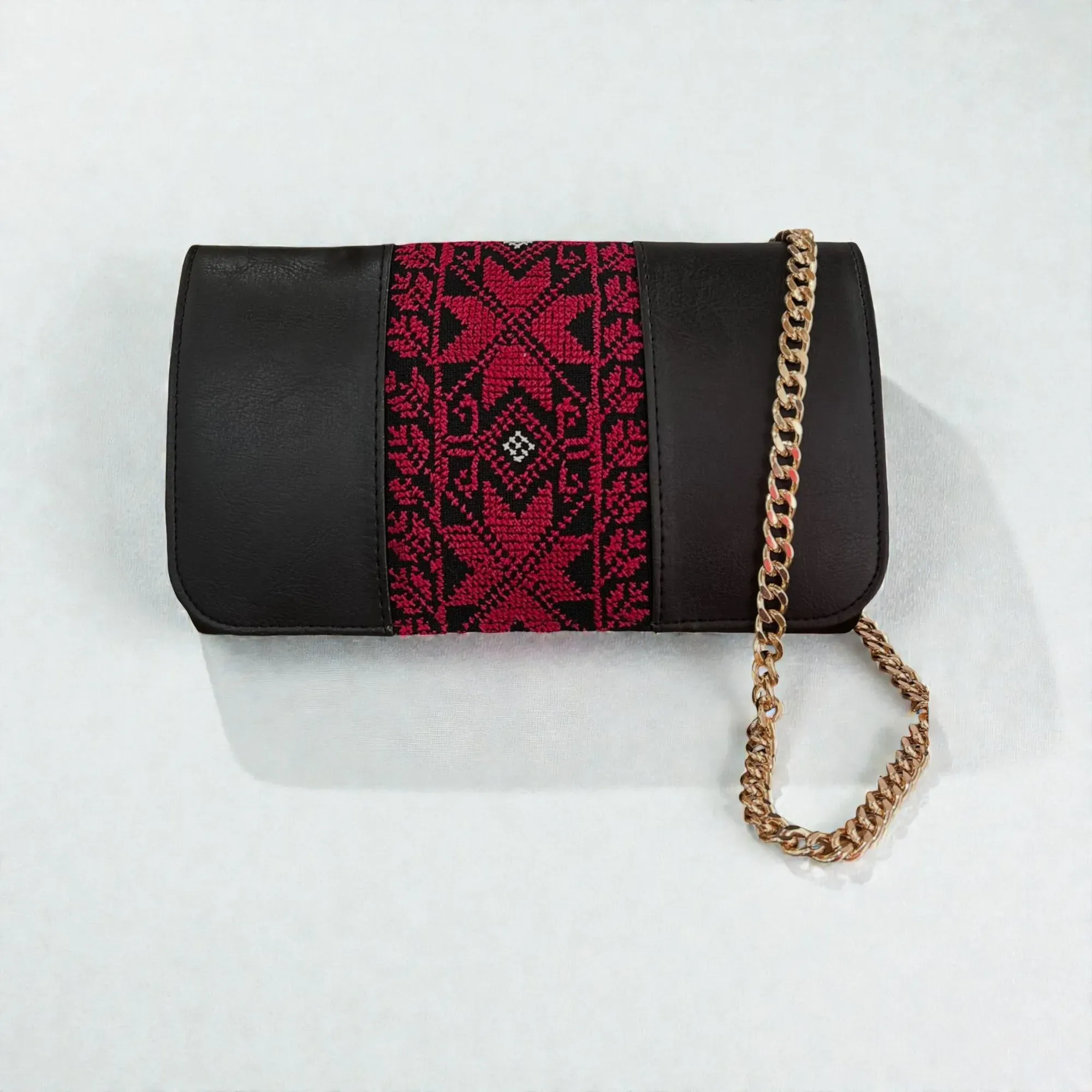 Handmade Embroidered Black Leather Clutch Crossbody Bag, 20×13 cm