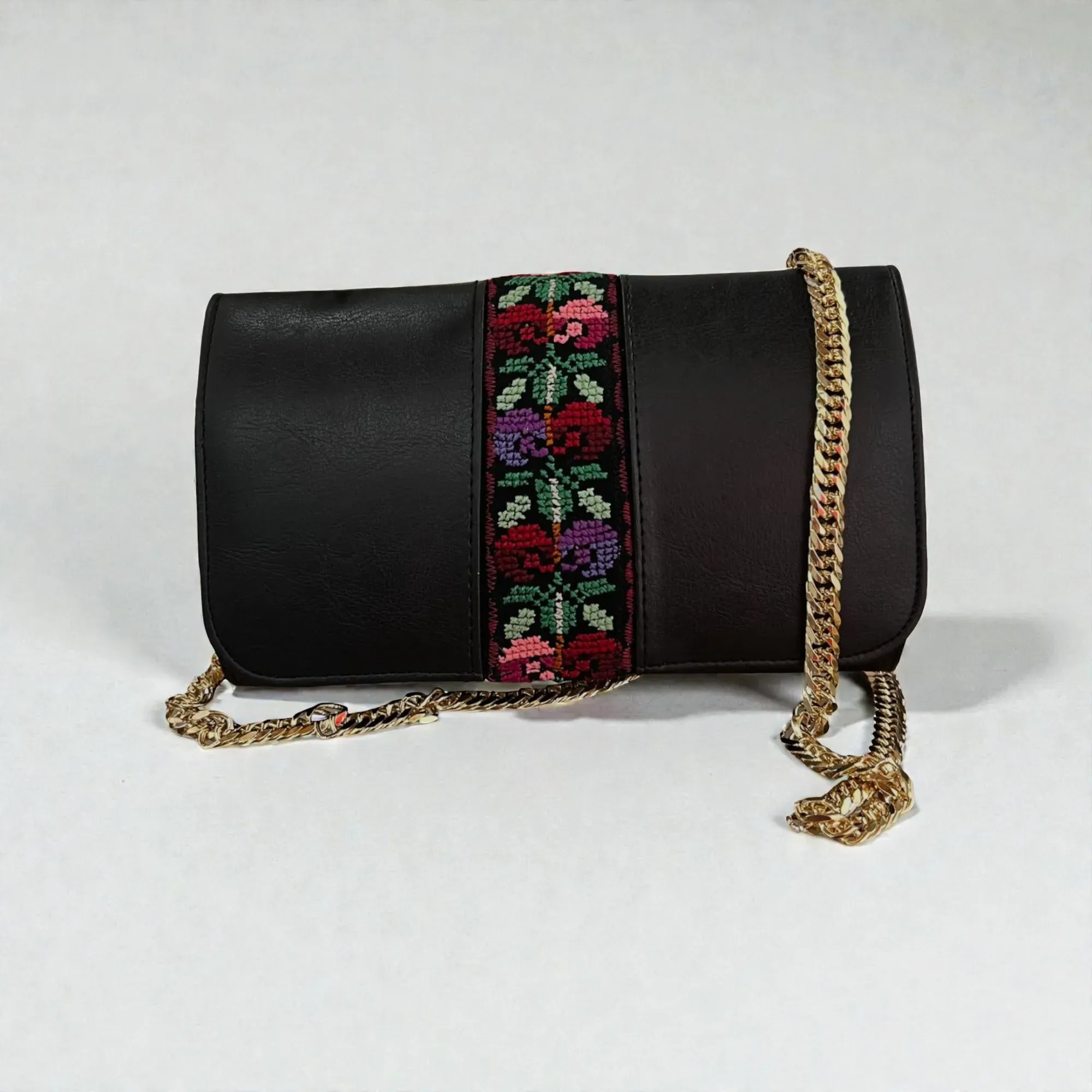 Handmade Embroidered Black Leather Clutch Crossbody Bag, 20×13 cm