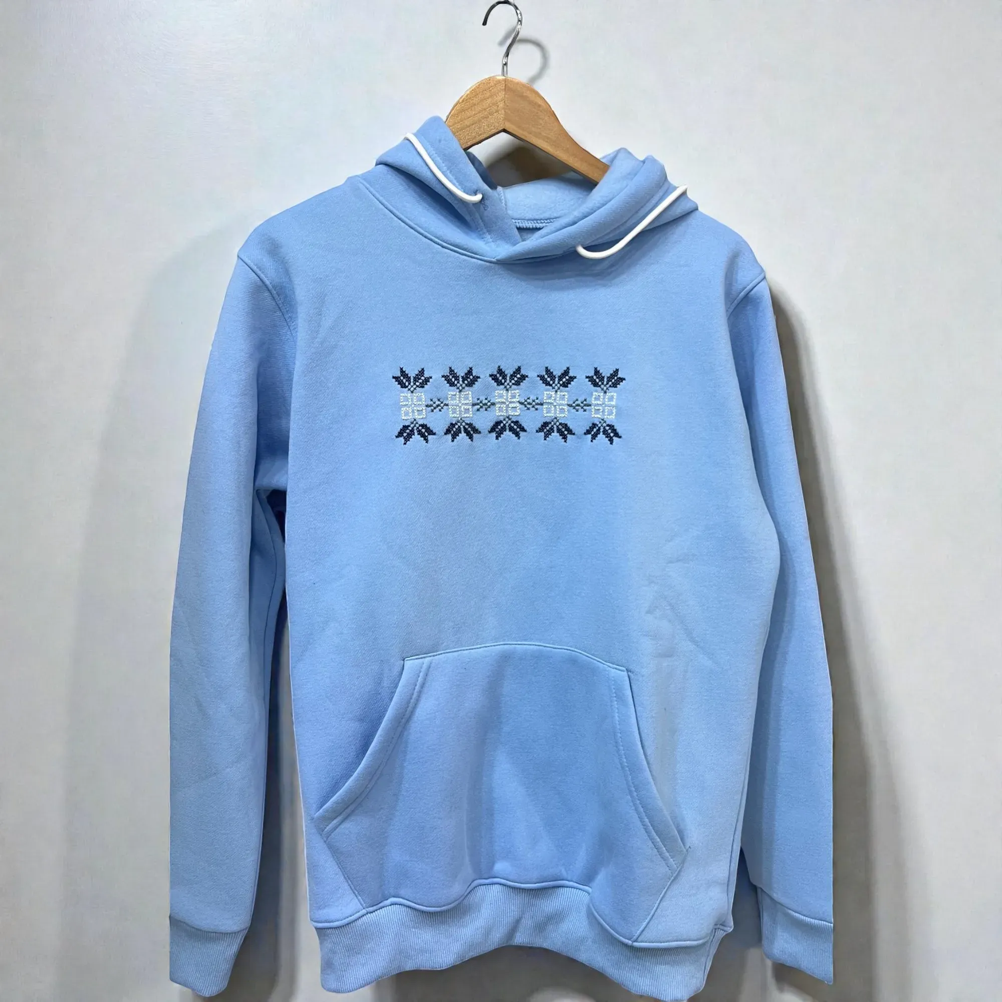 Hand-Embroidered Baby Blue Winter Hoodie Cotton Blend Sizes S–XXL