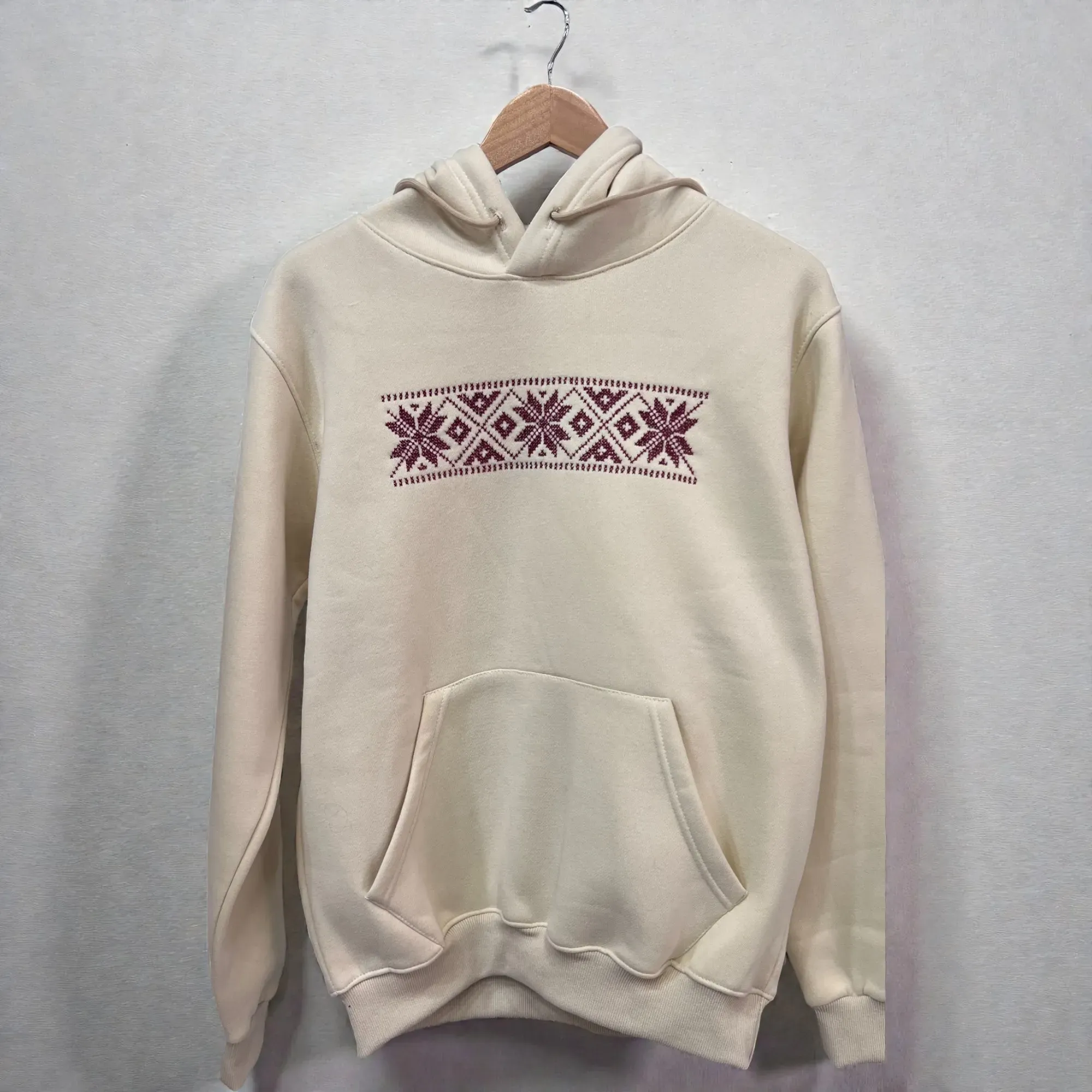 Beige Hand-Embroidered Hoodie Cotton Blend Relaxed Fit S–XXL