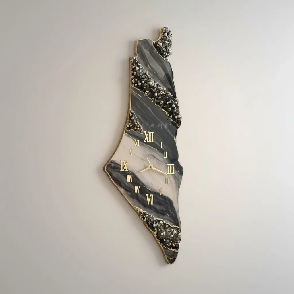 Handmade Resin Palestine Map Wall Clock Gold & Pearl Finish – 100 cm