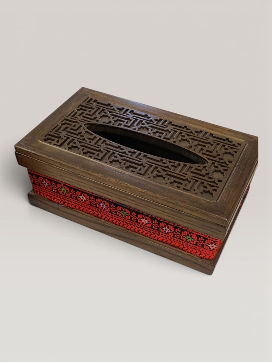 Handmade Embroidered Solid Oak Wood Tissue Box - Red