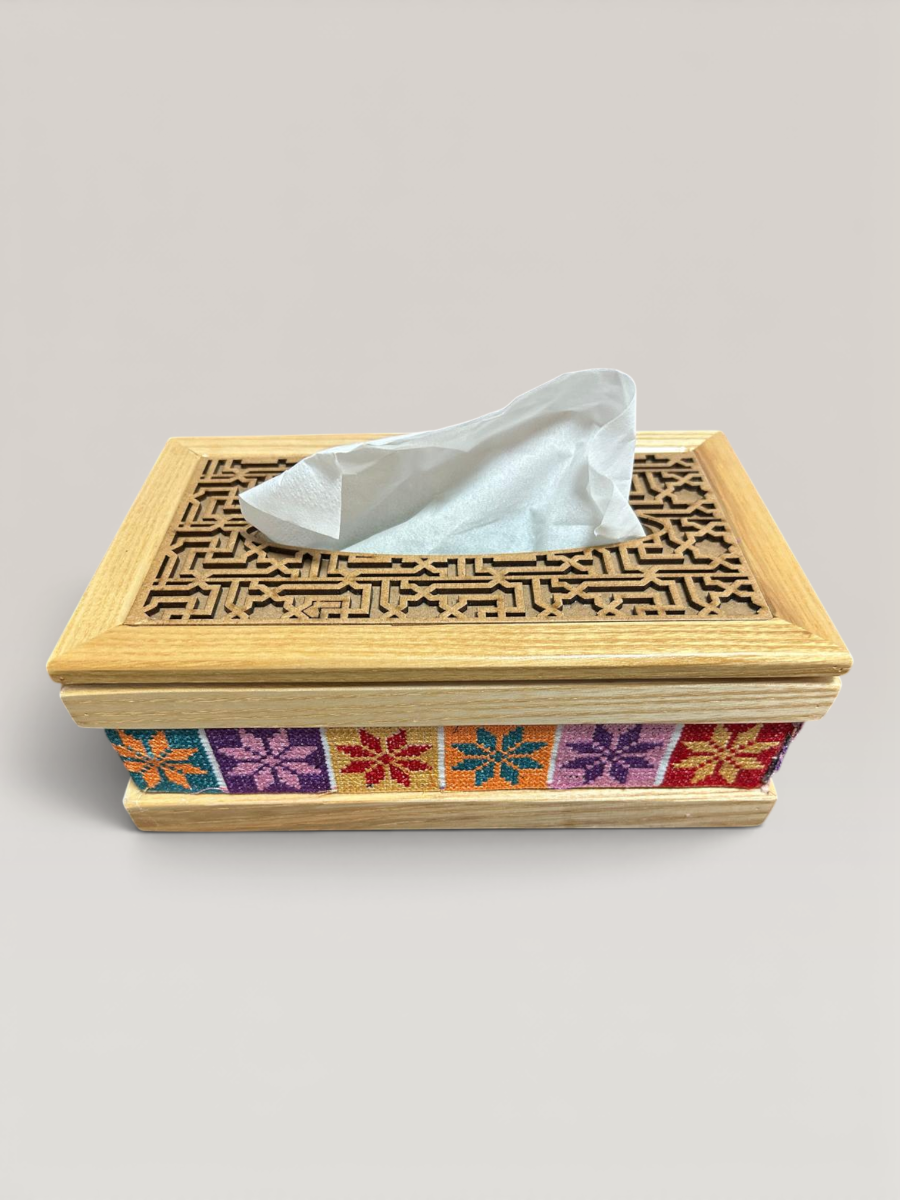 Handmade Embroidered Solid Oak Wood Tissue Box - Beige