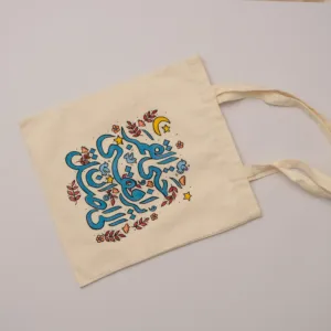 Hand Painted Blue Arabic Calligraphy Cotton Tote Bag
