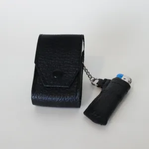 Artisan-Made Black Pebbled Leather Cigarette and Lighter Case