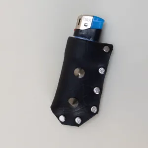 Black Metal Stud Leather Lighter Case with Hand-Finished Details