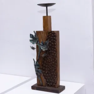 Wooden Candle Holder with Grape Clusters and Artisan Details