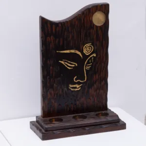 Handcrafted Wooden Candle Holder with Carved Abstract Face