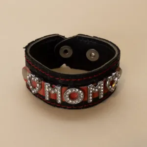 Handmade Black with Rhinestone MOM Lettering Leather Bracelet