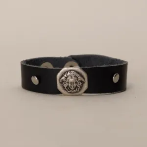Black with Lion Head Medallion Leather Bracelet with Artisan Finish
