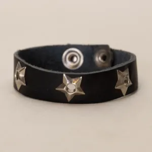 Black with Silver Stars Leather Bracelet with Artisan Finish