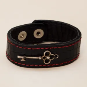 Artisan Black with Red Stitching and Key Charm Leather Bracelet