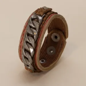Brown with Wide Metal Chain Leather Bracelet with Artisan Finish