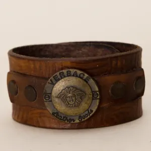 Handmade Wide Brown with Ornamental Medallion Leather Bracelet