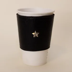 Handcrafted Black Natural Leather Cup Sleeve with Star Design
