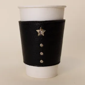 Black Natural Leather Cup Sleeve with Star and Metal Studs