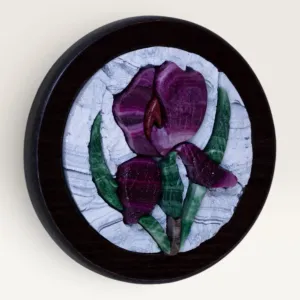 Round Purple Iris Stone Mosaic on Pale Background, 13.5 cm