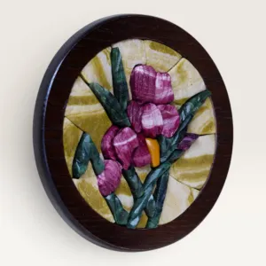 Round Purple Iris Mosaic with Golden Beige Background, 18 cm